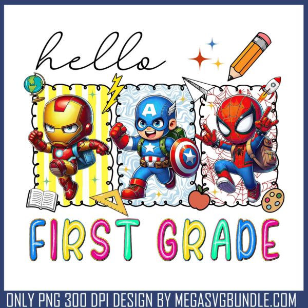 Superhero hello first grade png, first grade png, marvel superhero png