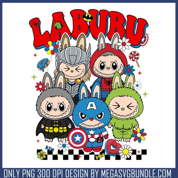 Superheroes labubu png, pink labubu​ png, superheroes png