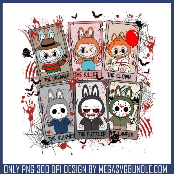 Labubu killers squad card png, horror movie png, labubu pop mart png