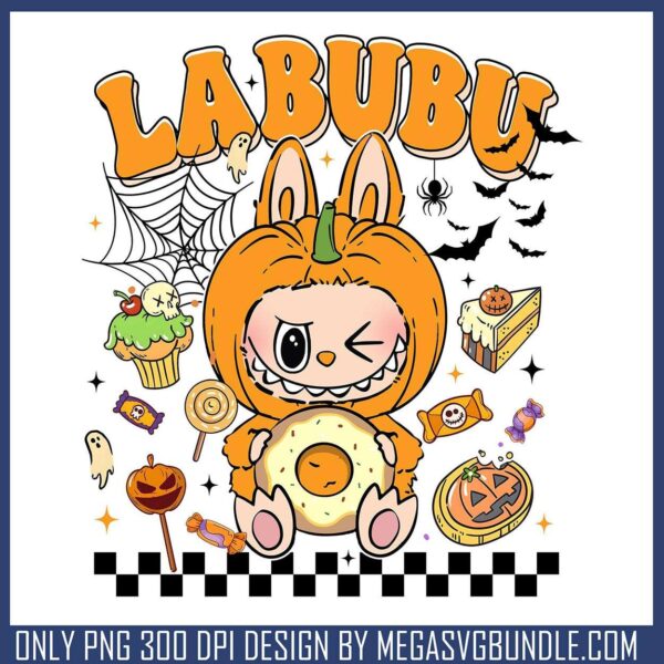 Labubu pumpkin donut png, halloween pumpkin png, labubu doll png