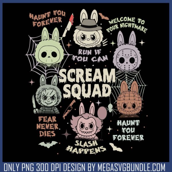 Scream squad labubu png, labubu pop mart png, halloween jokes png
