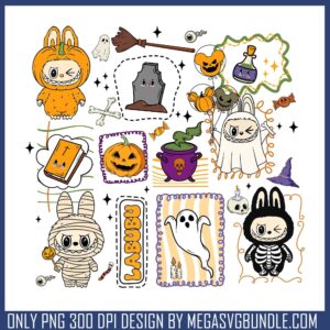Labubu halloween vibes png, happy halloween png, popmart labubu png
