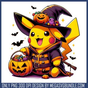 Pikachu witch halloween png, halloween pikachu png, halloween pumpkins png