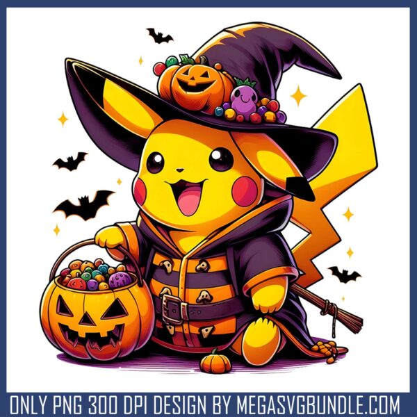 Pikachu witch halloween png, halloween pikachu png, halloween pumpkins png